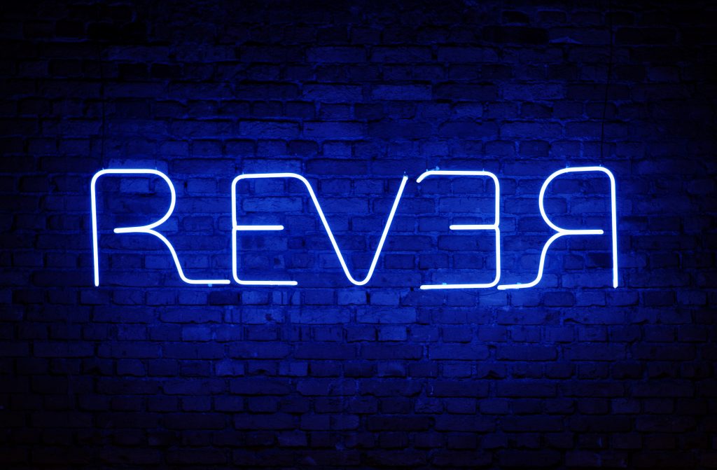 Augusto de Campos, "REVER" (1974, Viva Vaia series), 180 x 46 cm neon sign installation of 2016 exhibition title/Photo: Fernando Laszlo