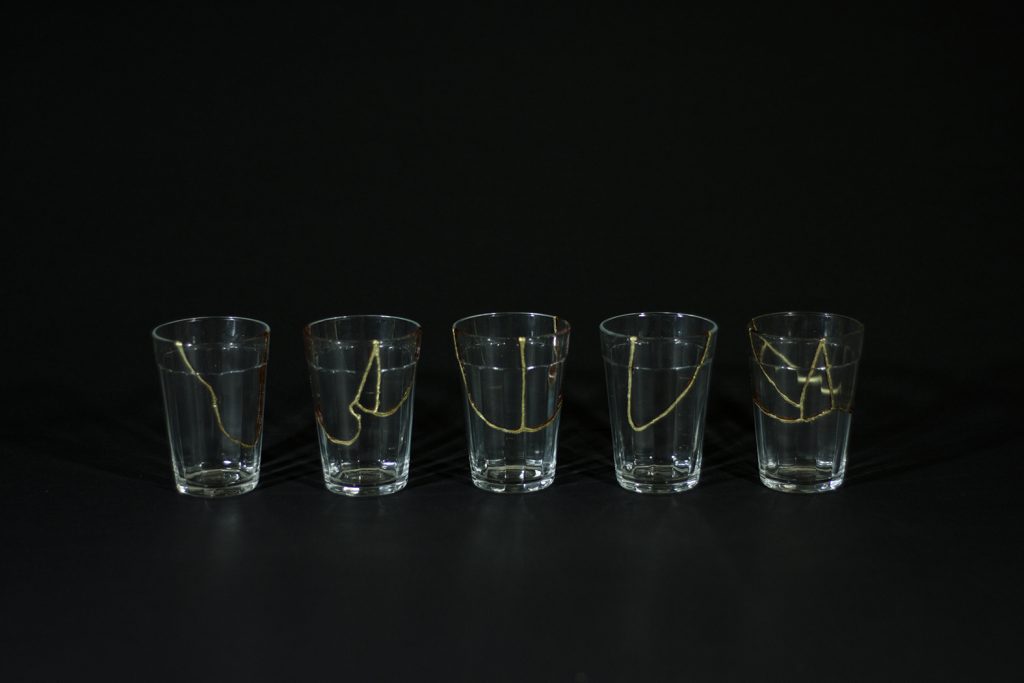 Not by great men, 2016, lacquer and sheet of gold on glass cup