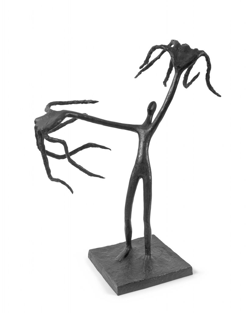 Maria Martins, Prometheus sculpture shows faceless person with giant hands and dangling fingers