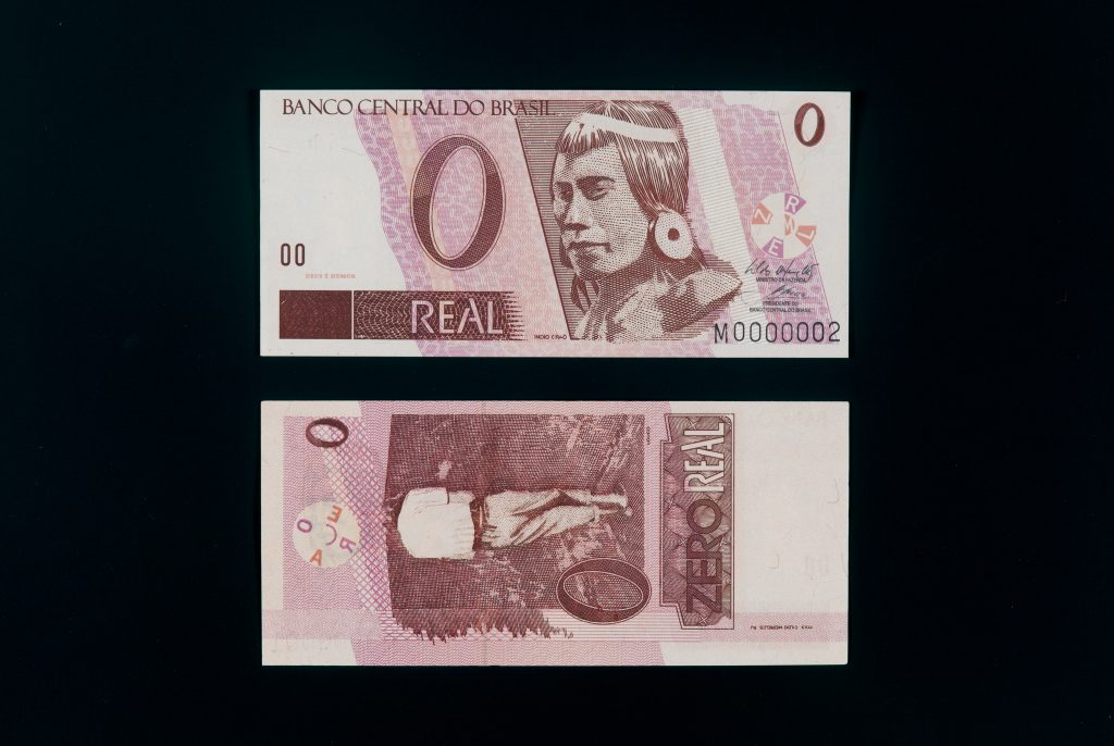 Cildo Meireles "Zero Real," showing both sides of imagined currency worth zero real.