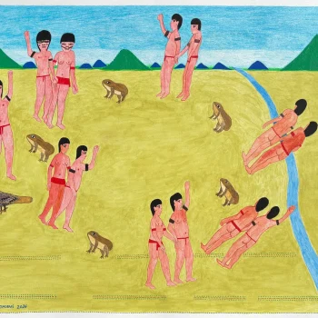 A group of people in minimal clothing stand and interact on grassy land near a river, with several large frogs and a bird nearby. Green mountains are visible in the background under a blue sky.